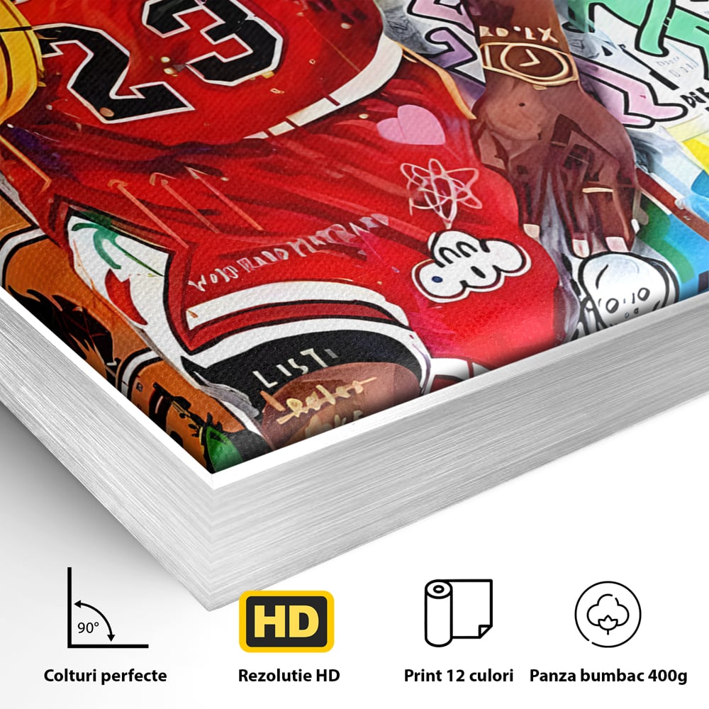 Detaliu al suprafetei: tablou canvas cu michael jordan in stil graffiti, in rama de aluminiu argintiu